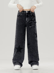 Kids' Wide-Leg Denim Jeans with Star Pattern Elastic Waist Non-Stretch Cotton
