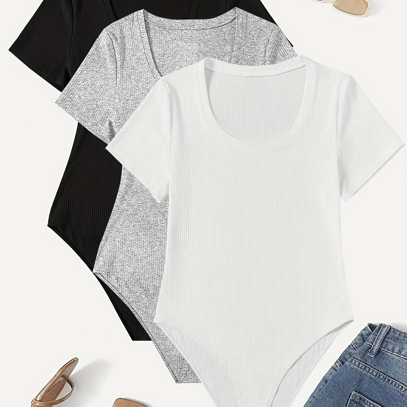 Ayollar uchun kengaytirilgan o'lchamli elastik bodysuitlar, bir rangli, kruj neck, qisqa qo'lli to'plam