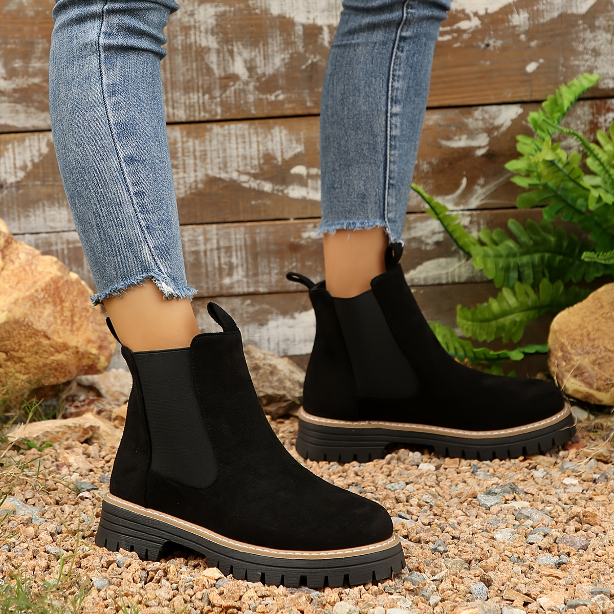 Women's Ankle Boots Slip-Resistant Platform Low Heel Black Fabric Boots