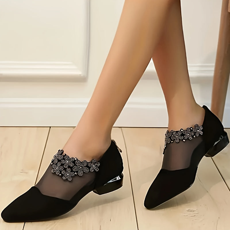 Women's Mid-Heel Sandals with Rhinestone Embellishments Pointed Toe Mesh Slip-On