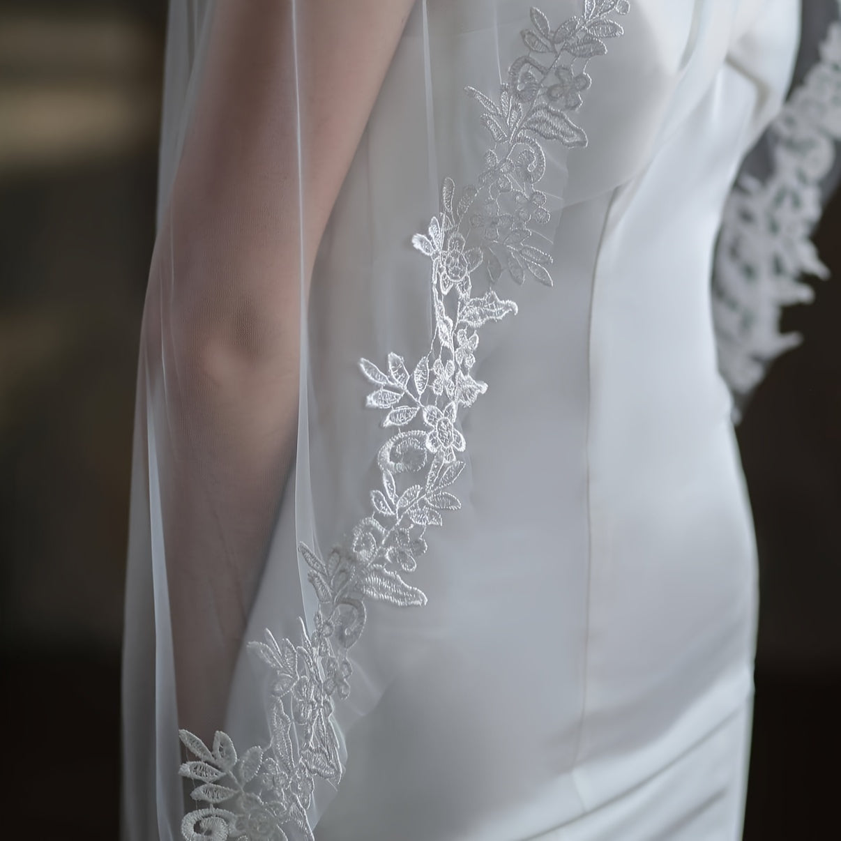 Velo de novia con bordado de encaje, poliéster y spandex, diseño floral romántico