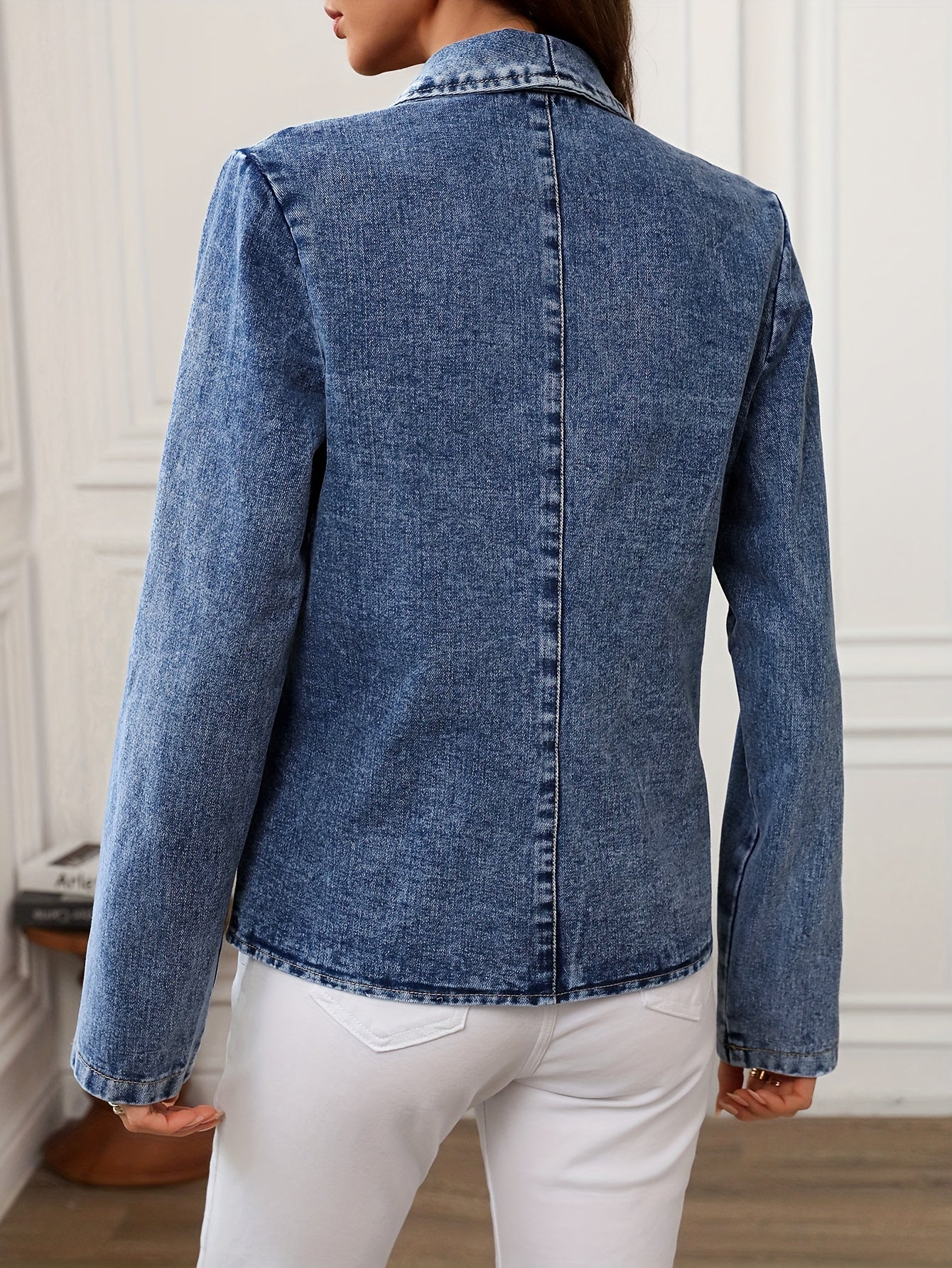 Women's Light Wash Blue Denim Jacket Long Sleeve Button-Up Cotton Polyester Fall Spring Classic Collar Structured Silhouette