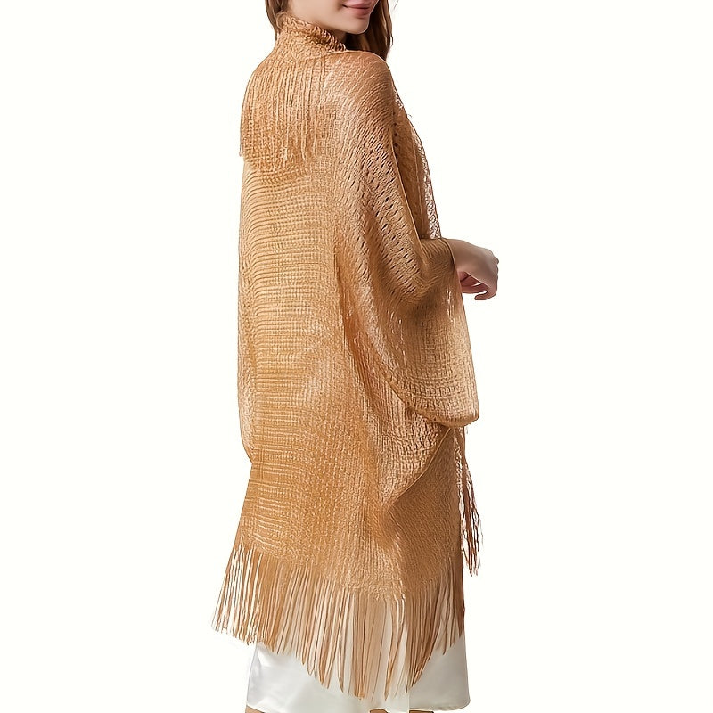 Gold Shawl with Webbed Fringe Versatile for Evening Events and Sun Protection