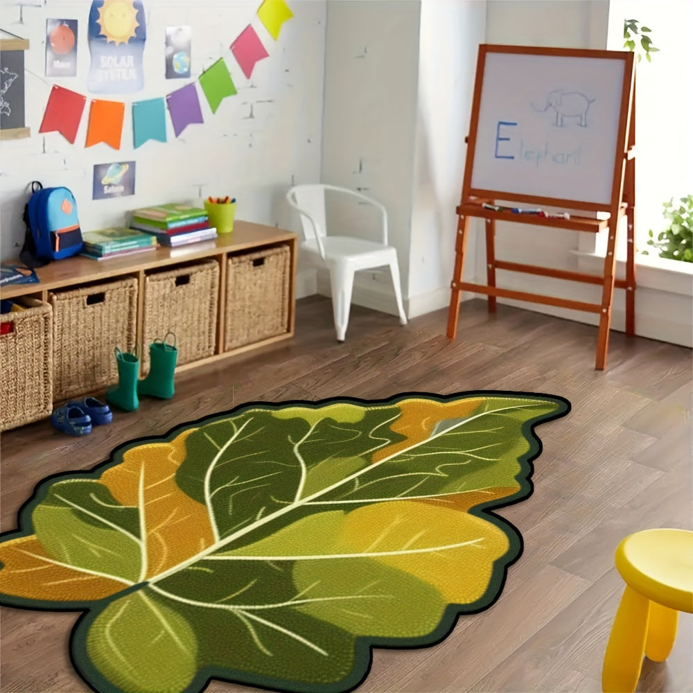 Green Leaf Pattern Area Rug Non-Slip Soft Feel Irregular Shape for Living Room Bedroom