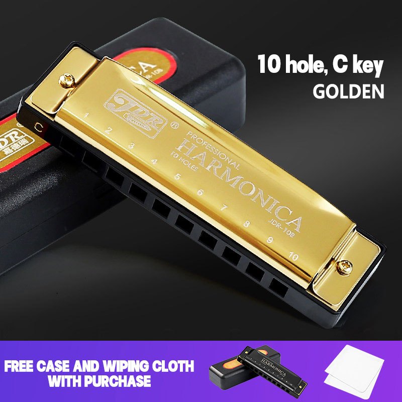 10-Hole C Key Blues Harmonica with Hard Case Stainless Steel Polished for Beginners Professionals