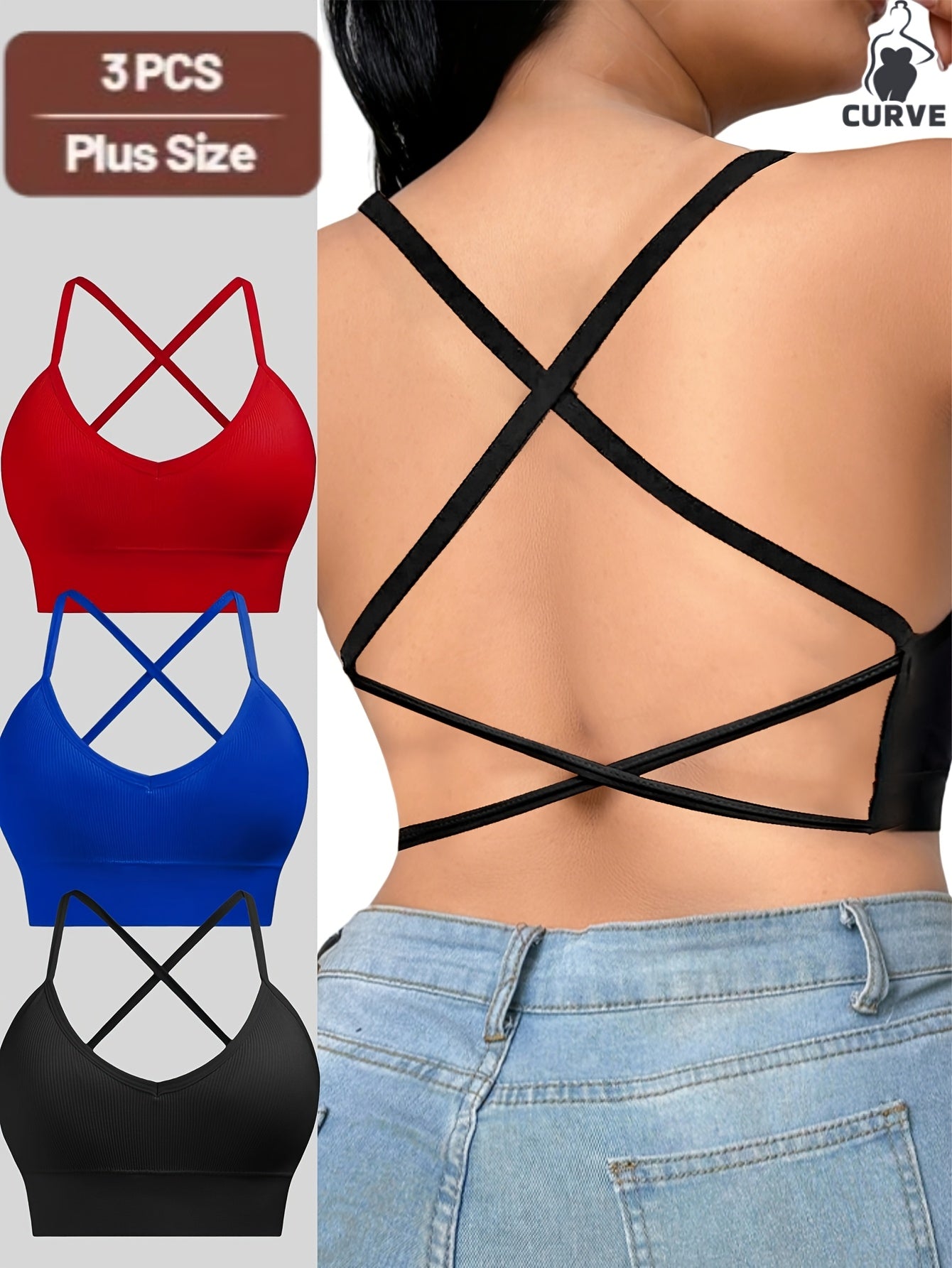 Women's Cross Backless Strapless Bra Tops Pack of 3, Breathable Fabric