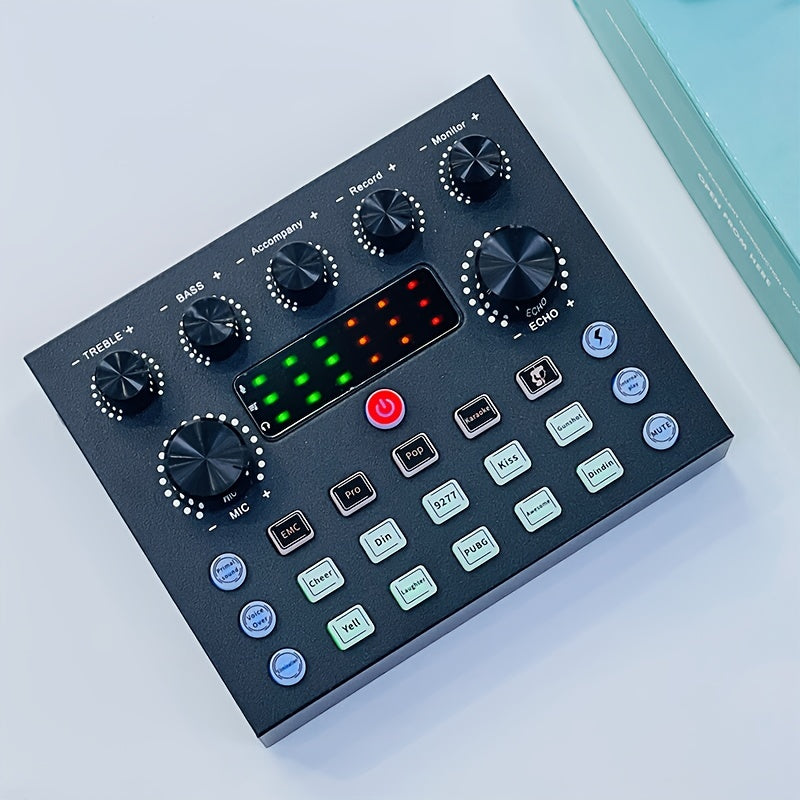 V8S Pro Audio Interfeysi Ovozni O'zgartirish Effektlari bilan - USB Quvvatlanadigan, 500mAh Qayta Zaryadlanadigan, ABS Qora Ovoz Kartasi PC yozuvi, qo'shiq aytish, oqim va o'yinlar uchun, Mikrofon va Quloqchin Ulanishi bilan