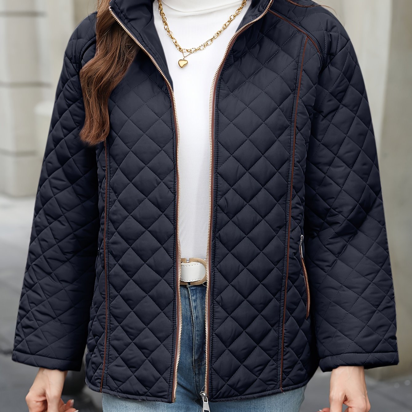 Women's Plus Size Quilted Outerwear with Stand Collar Zipper Long Sleeve Fall Winter
