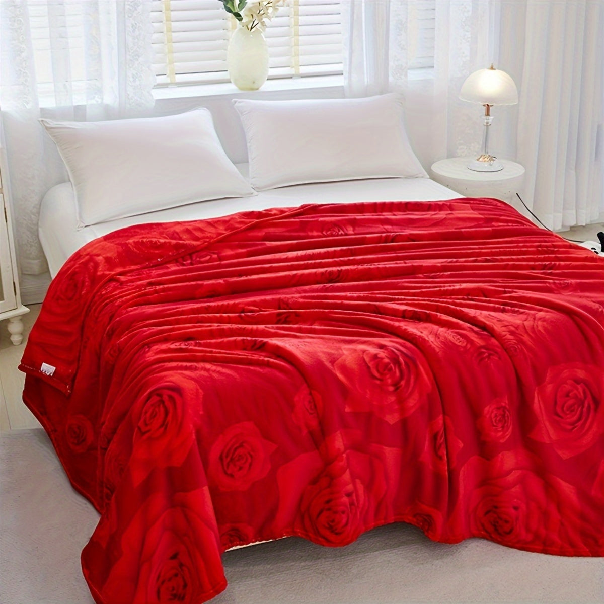Warm Knitted Floral Blanket All-Season Polyester Bed Cover with Vibrant Pattern