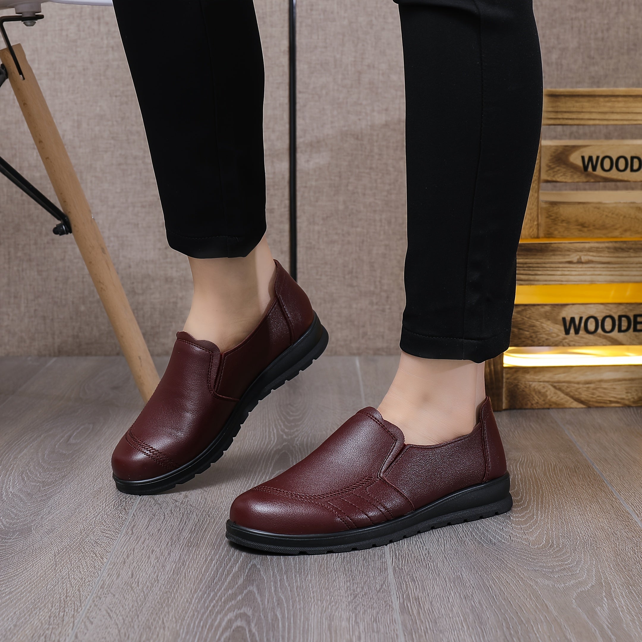 Women’s Vegan PU Penny Loafers Slip-On Round Toe Office Party Shoes Maroon Black Sole