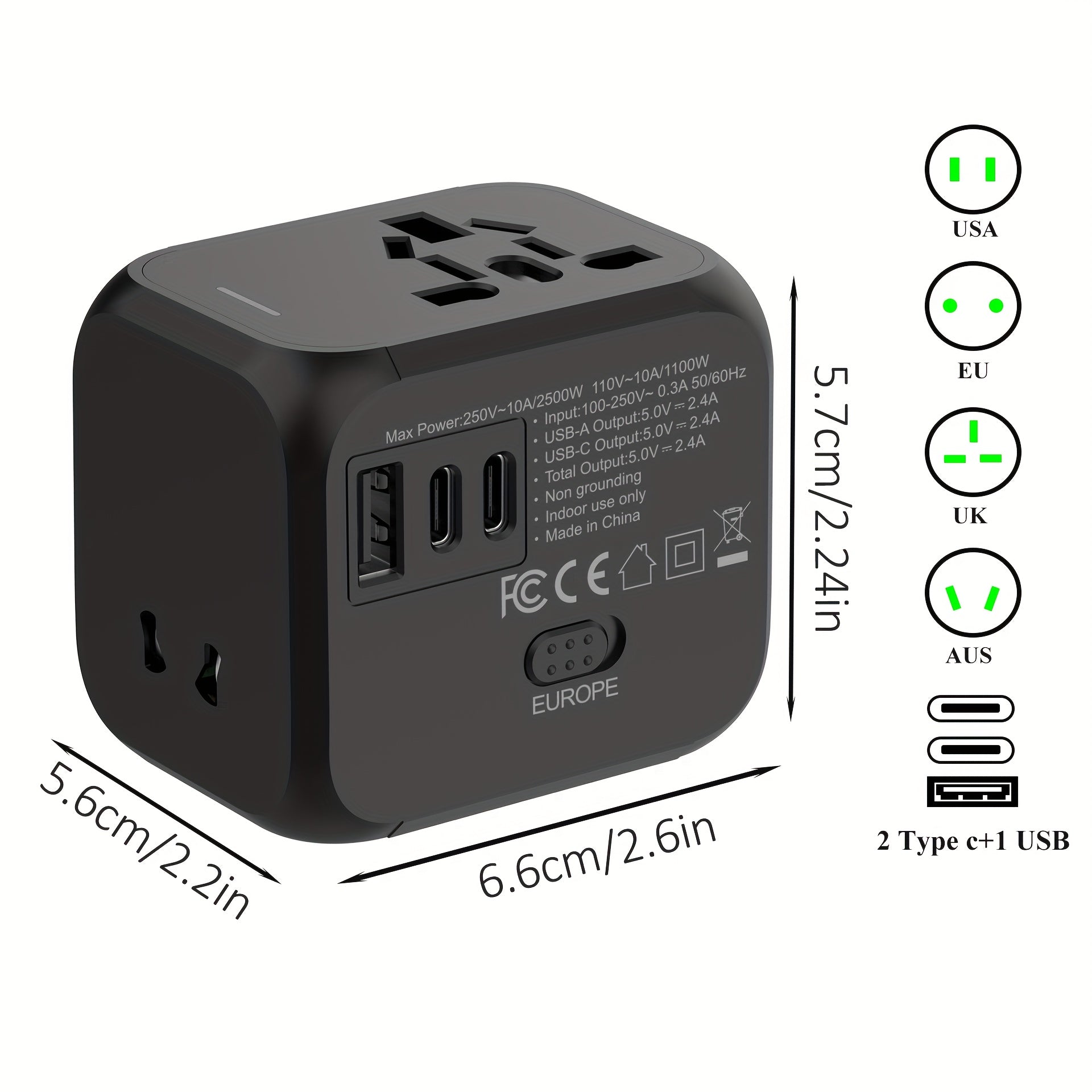 2500W Universal Travel Power Adapter with International Conversion Plug for US UK EU AU Outlets