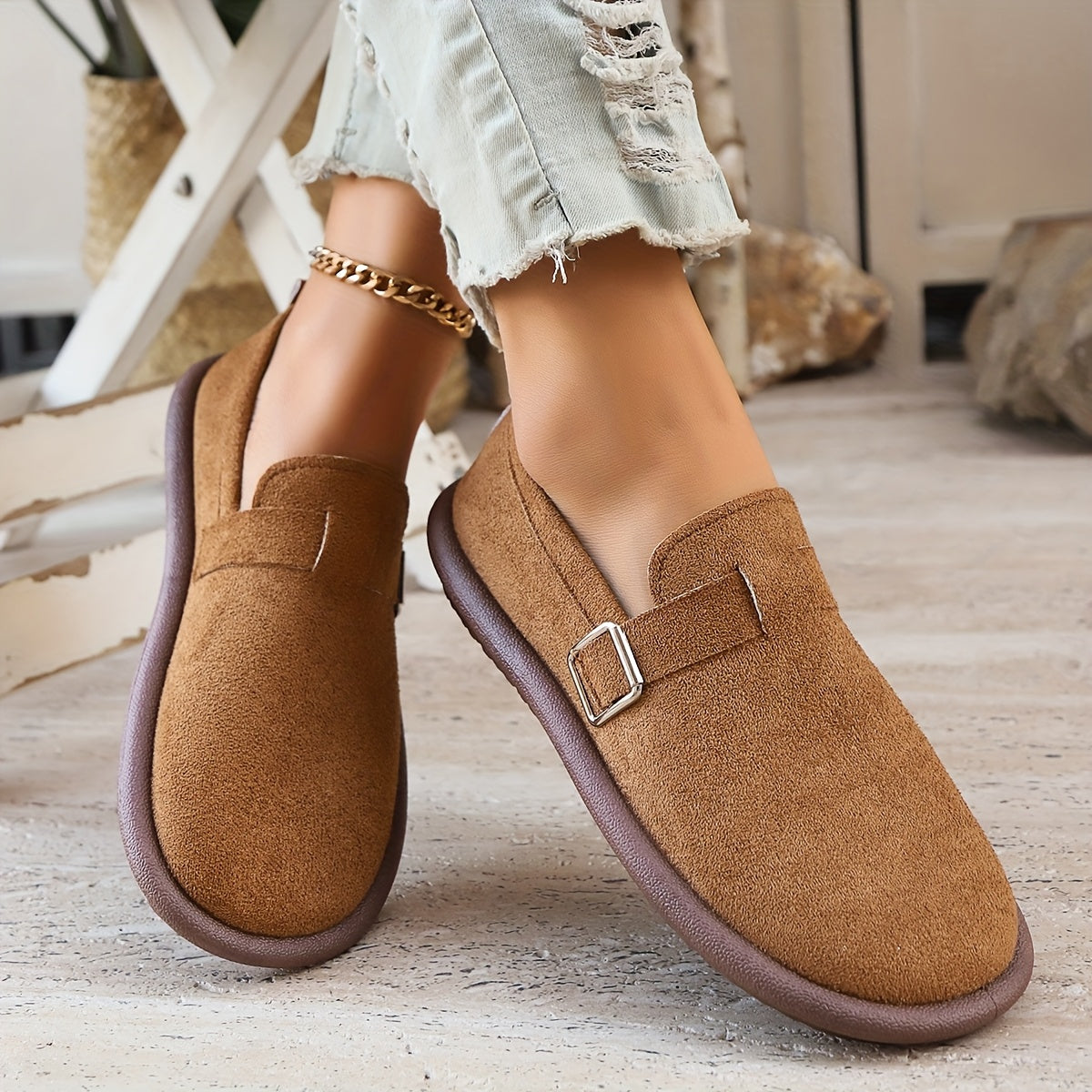 Women's Fabric Loafers with Buckle and Sequin Accent All-Season Slip-On Shoes