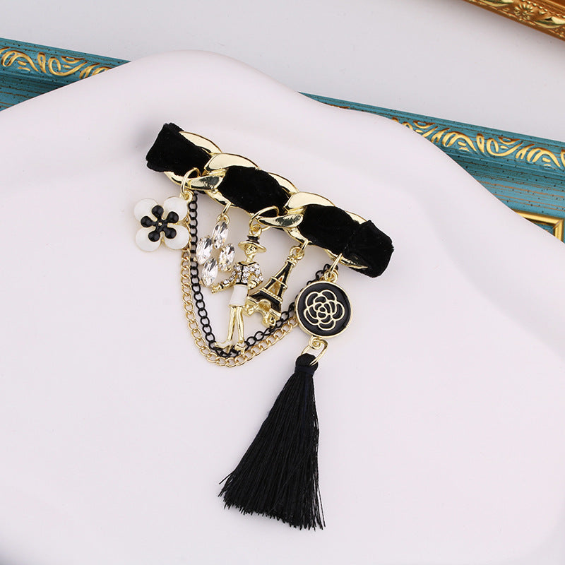 Korean Style Brooch Badge Rhinestones Enamel Flowers Tassel Chain Women Men Suit Accessories