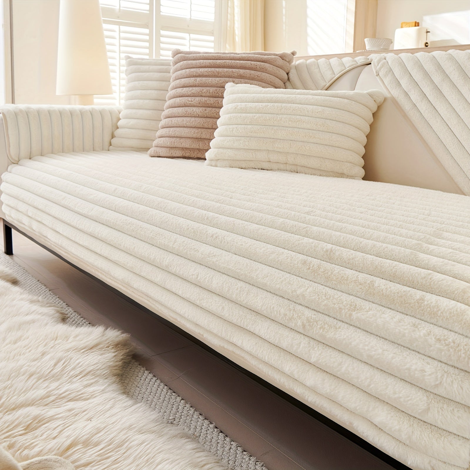 Barcha turdagi divanlar uchun mo'ljallangan, sun'iy quyon junidan tayyorlangan zamonaviy plush divan qoplamasi, mushuk va it egalari uchun iliqlik va himoya ta'minlaydi.