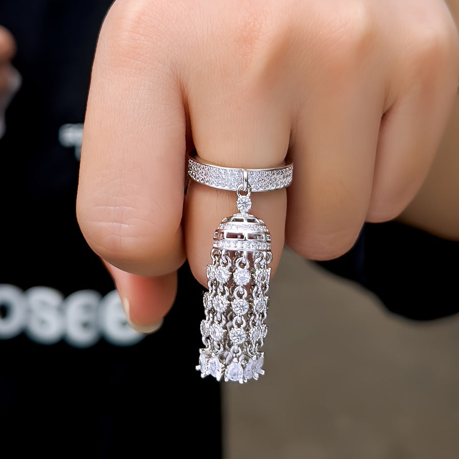 Synthetic Zirconia Tassel Ring Copper Silver Plated Elegant Jewelry for Women