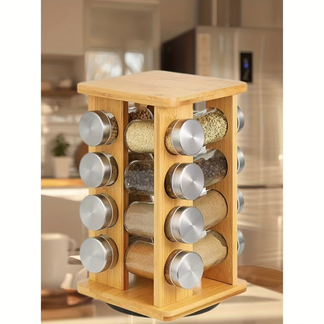 Bamboo Kitchen Countertop Spice Rack Rotating Holder Holds 16 Cans