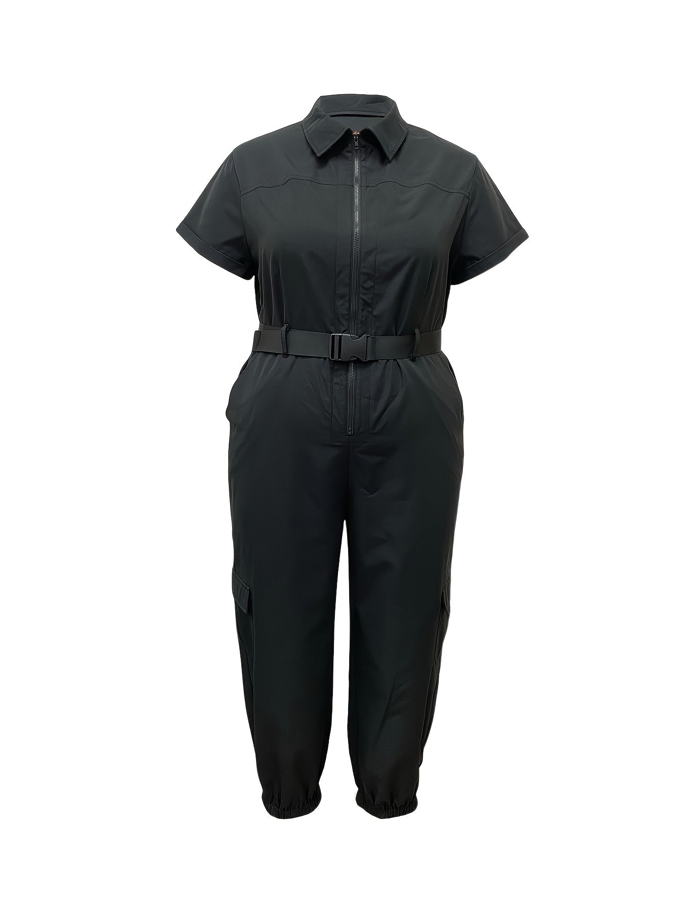 Plus Size Women's Casual Jumpsuit with Pockets Zipper Belt Non-Stretch Fabric