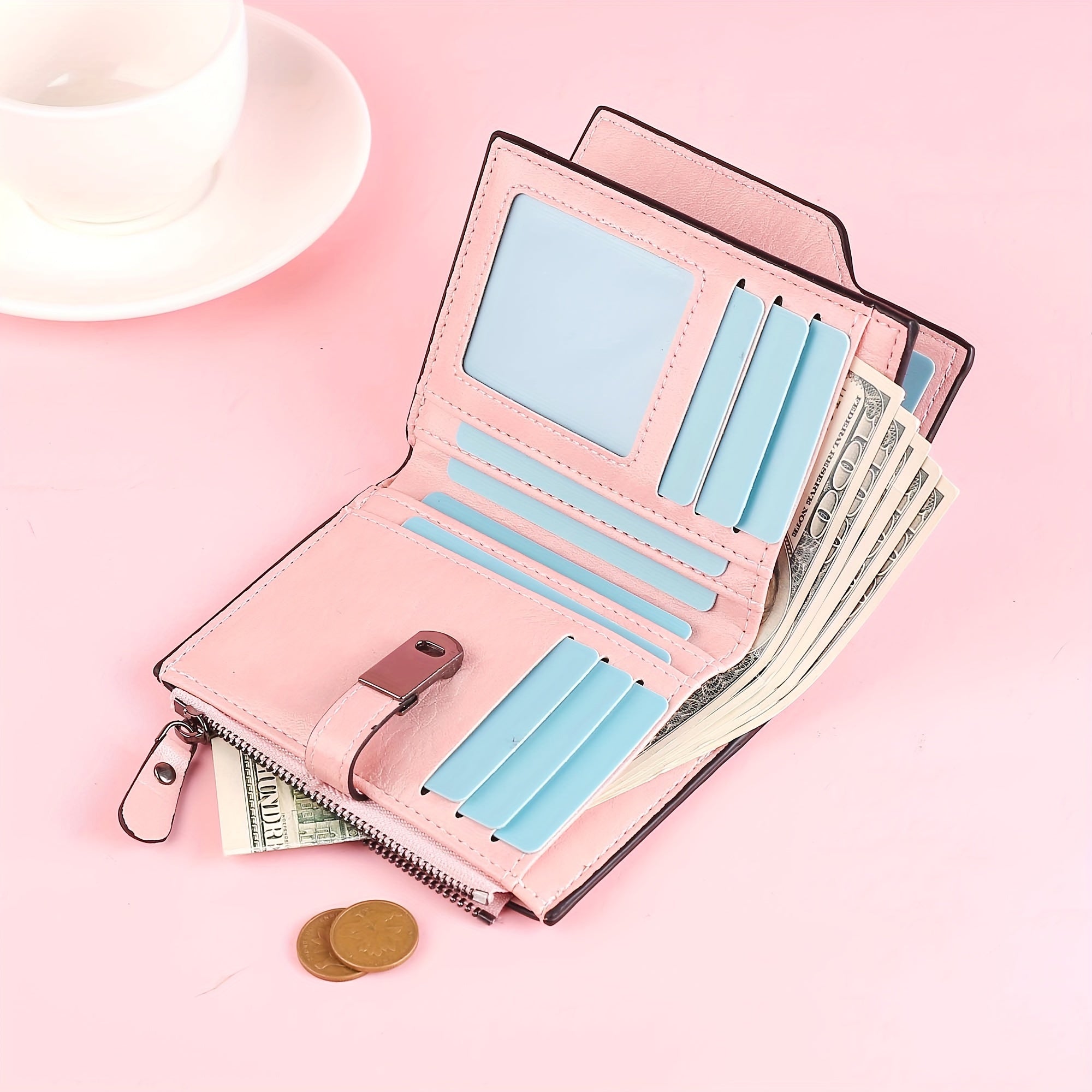 Компактный кожаный кошелек для женщин с застежкой-молнией для монет и несколькими слотами для карт