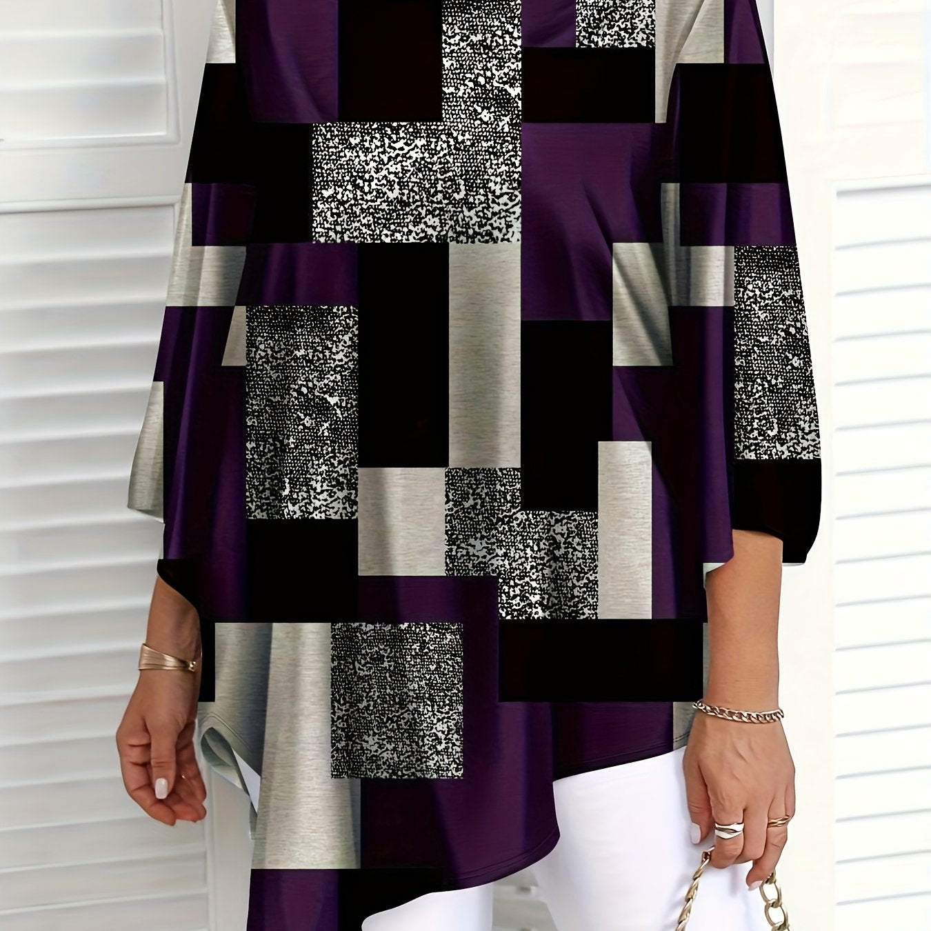 Plus Size Women's Geometric Print Asymmetrical Top Crew Neck Green Black