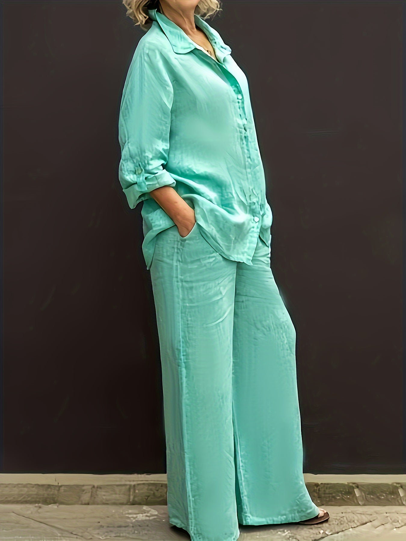 Women's Casual Two-Piece Set Solid Color Button-Up Shirt and Wide-Leg Pants Polyester Blend