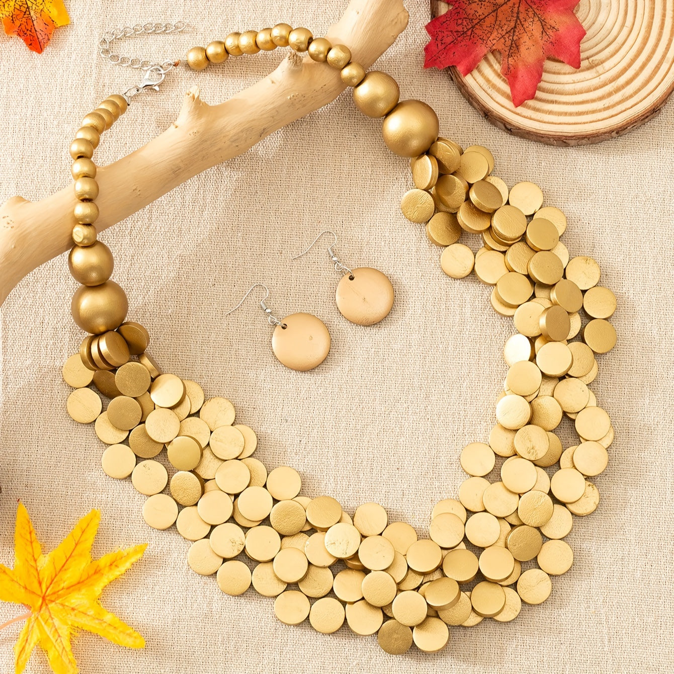 Wooden Boho Style Jewelry Set with Earrings and Necklace for Women