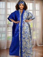 Women's Blue Gold Floral Jacquard Kaftan Dress with V-Neck Long Sleeves