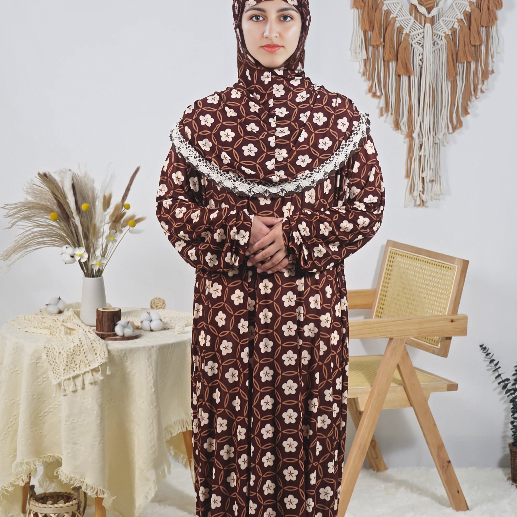 Women's Long Floral Print Loose Fit Robe Polyester Elastane Machine Washable for Ramadan