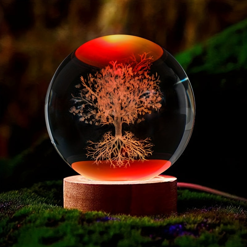 Tree of Life Crystal Ball Night Light Engraved 3D Glass Plant Decor Gift