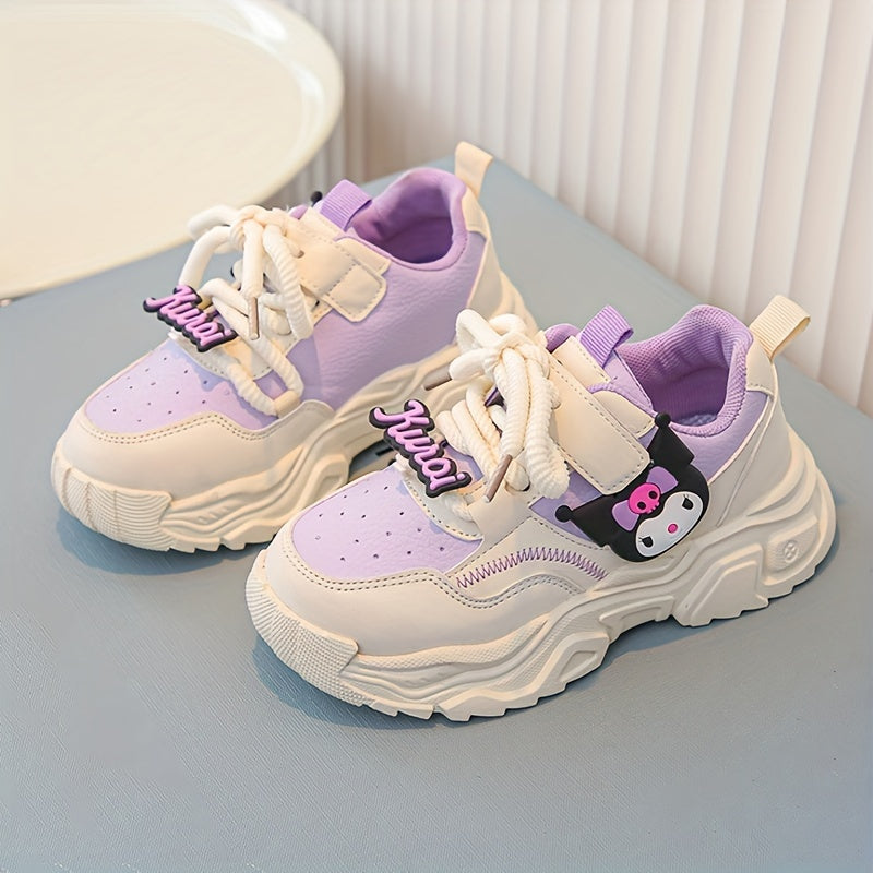 Girls' Pink and White Cartoon Sneakers with Easy-On Closure for Casual Outdoor Wear