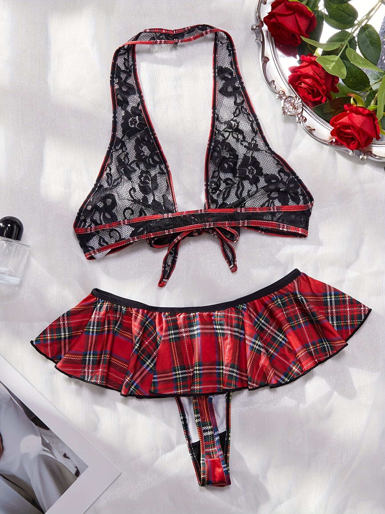 Women's Colorblock Plaid Cosplay Costume with Halter Neck Bra and Layered Thong for Music Festivals