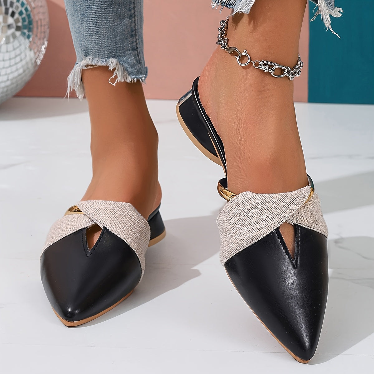 Women's Summer Leather Pointed Toe Sandals with Thick Heel and Support