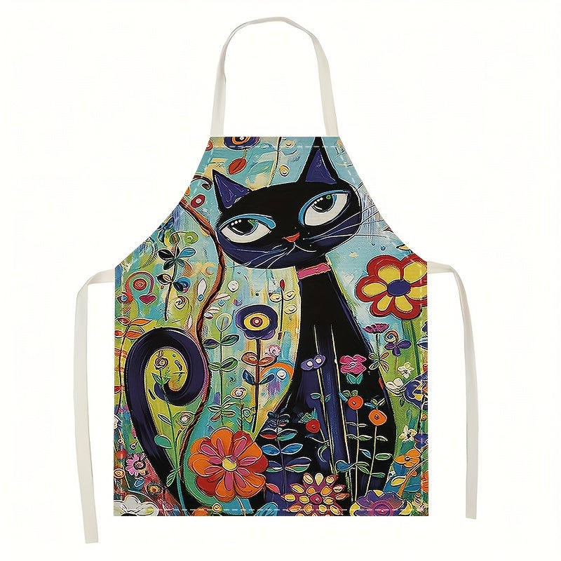 Linen Apron with Retro Cat Painting Pattern for Kitchen Cooking and Cleaning