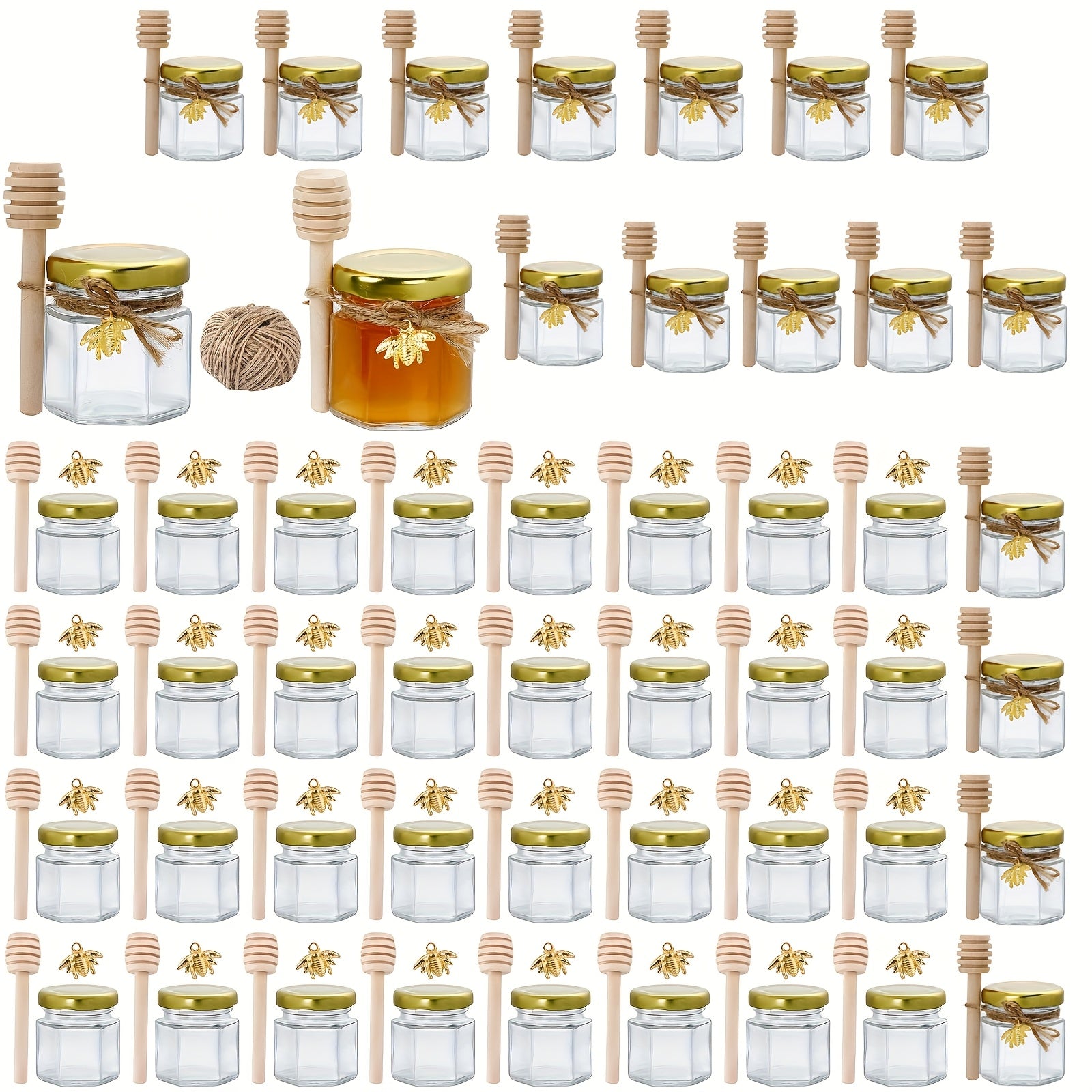 Mini Hexagon Glass Honey Jars 1.5 oz with Wood Dipper and Golden Lid for Jam Candies Favors