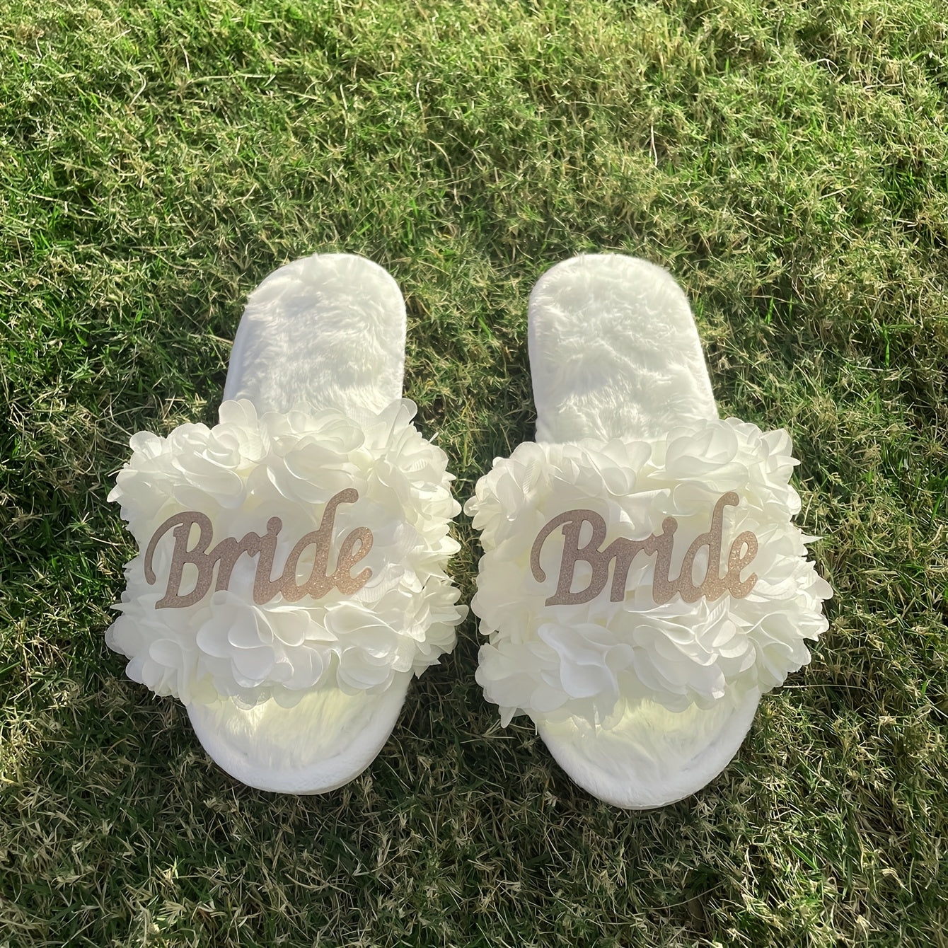 Women's Fuzzy Open Toe Bridal Slippers White Wedding Footwear