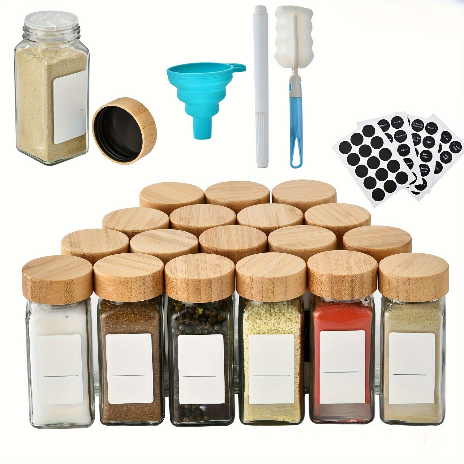 6/12 Glass Spice Jars with Wooden Lids and Aluminum Caps for Kitchen Storage