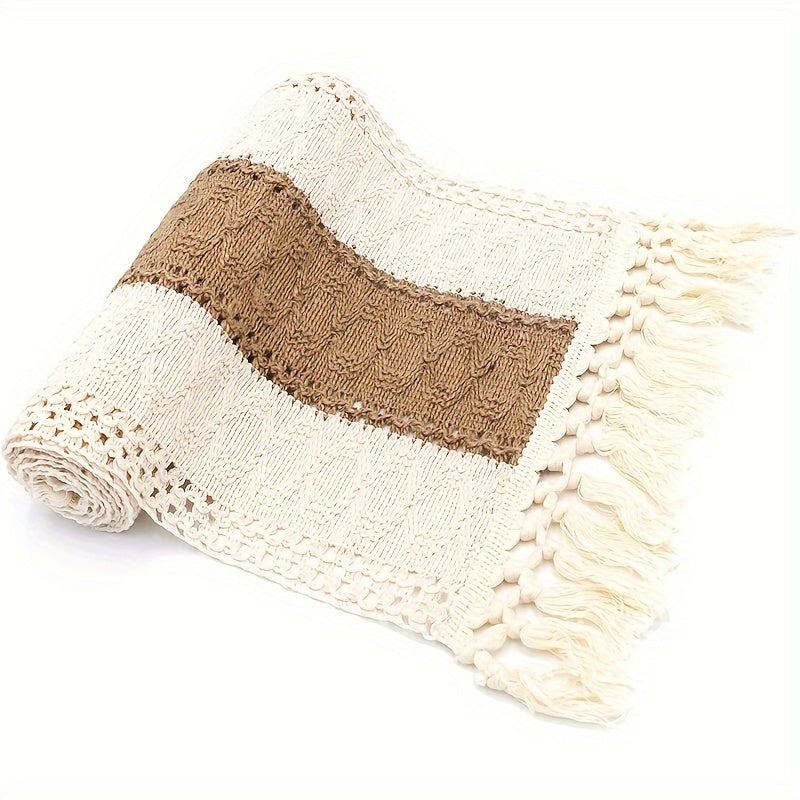 Boho Farmhouse Style Polyester Table Runner with Brown Macrame and Tassels for Holiday and Wedding Decor