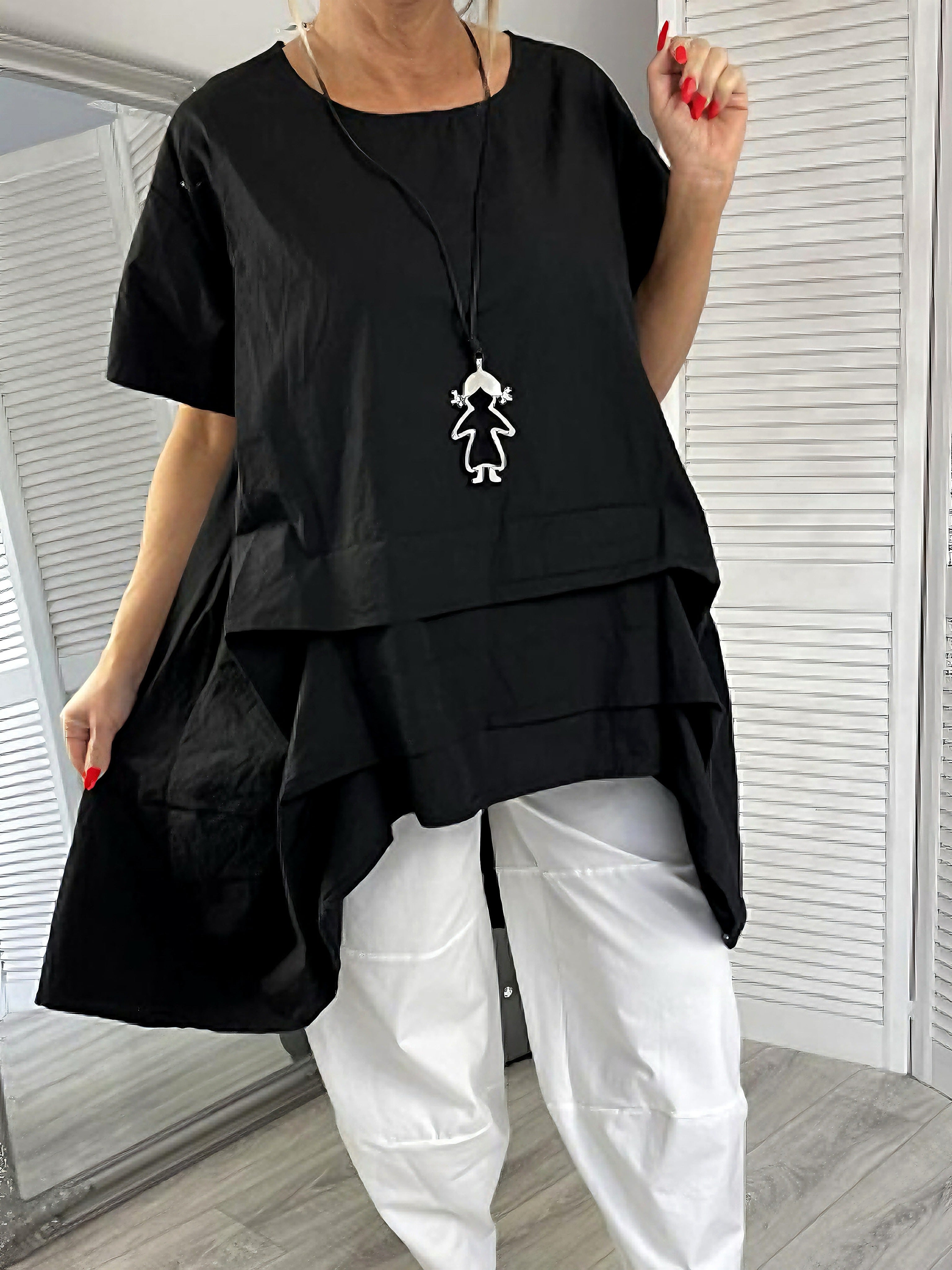 Plus Size Women's Casual Loose-Fit Cropped Short Sleeve Top Black Multi-Layer Hem