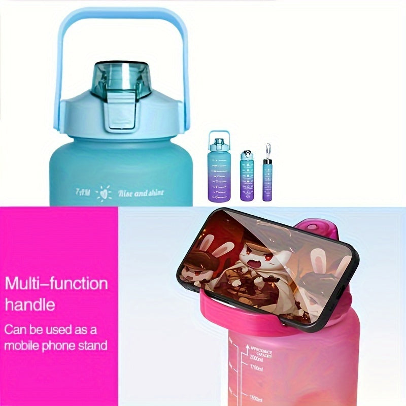 Set de botellas de agua con gradiente de 2L, libres de BPA, a prueba de fugas, con marcador de tiempo, pajilla, tapa con cierre para acampar y fitness