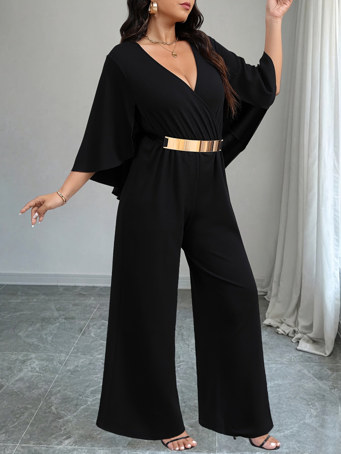 Women's Plus Size Casual V-Neck Jumpsuit with Tie Waist Black Maxidress