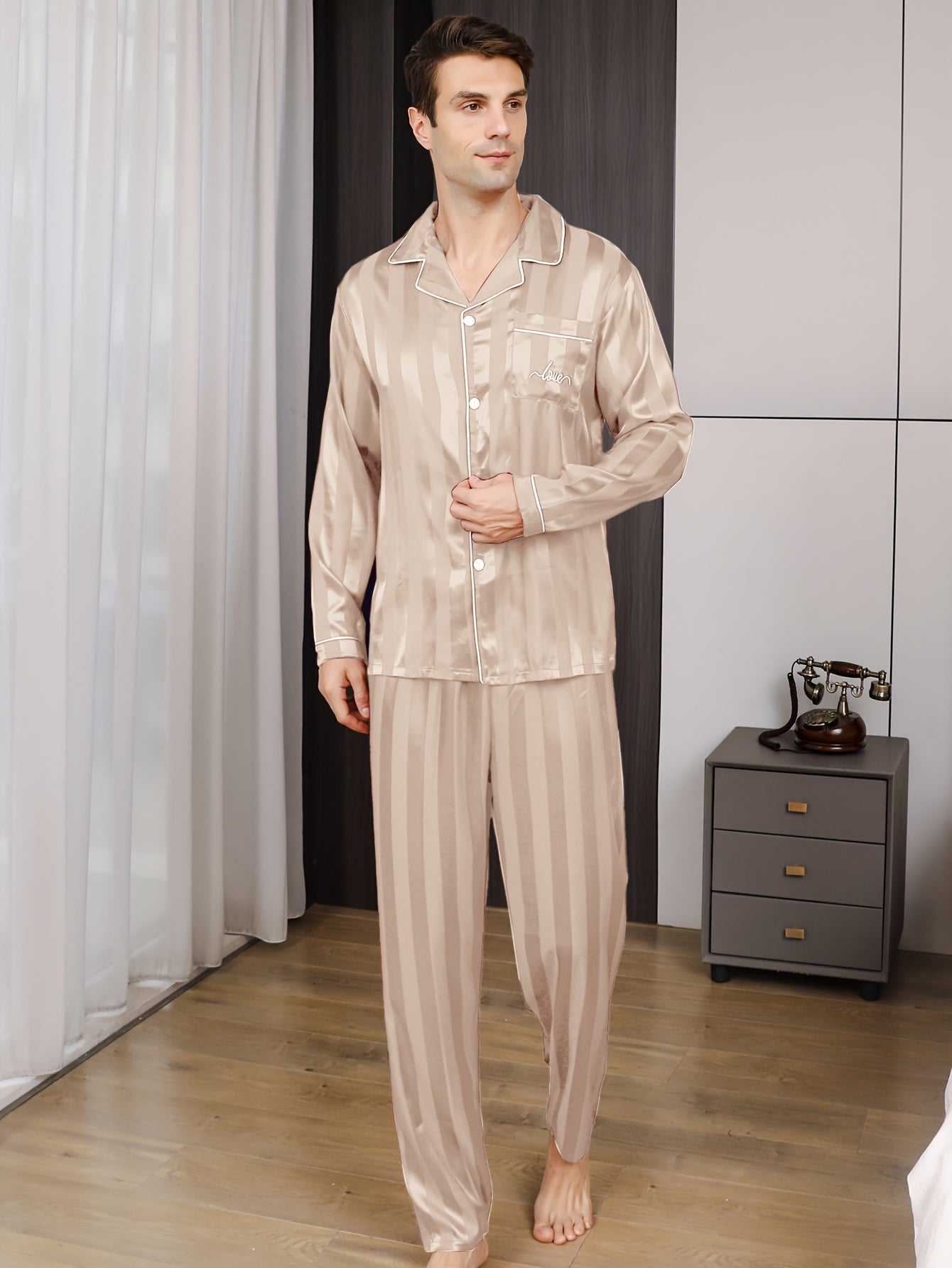 Men's Autumn Ice Silk Pajama Set Long Sleeve Top and Pants Casual Sleepwear