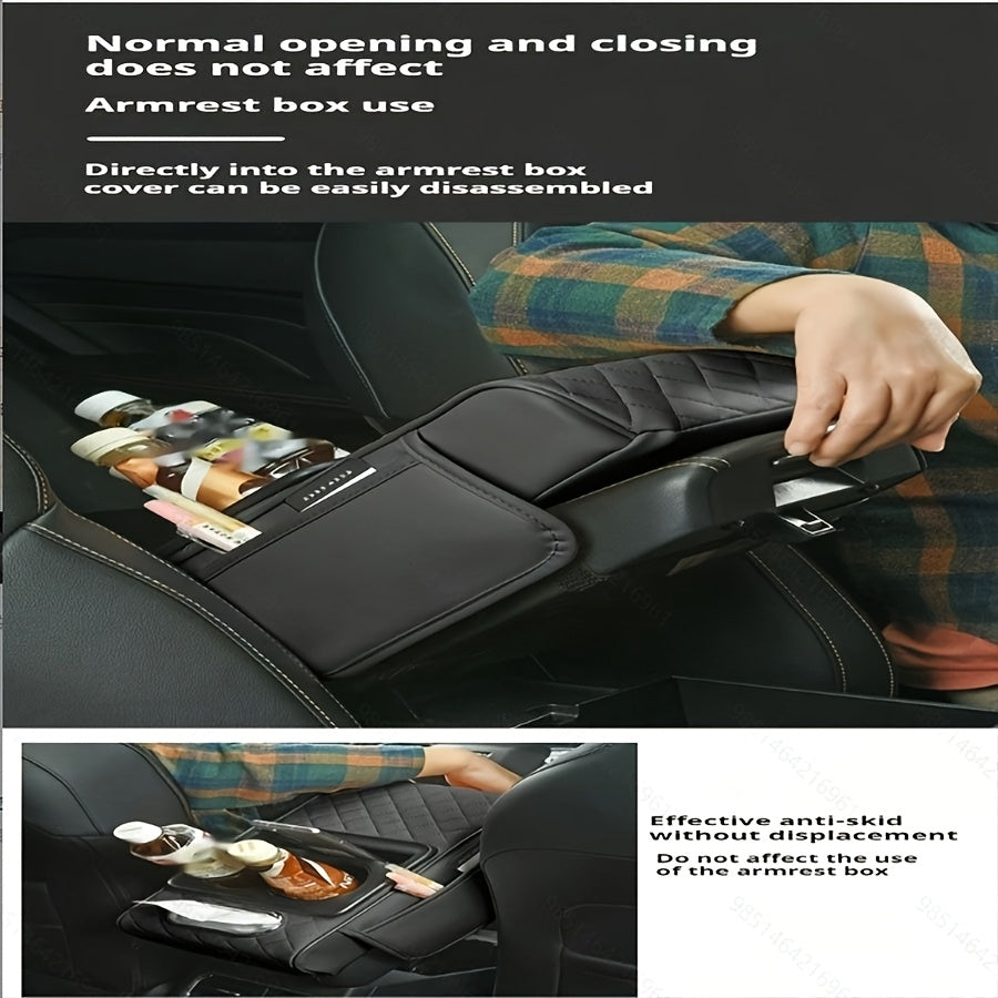PU Leather Car Armrest Organizer with Cup Holder Tissue Box Storage