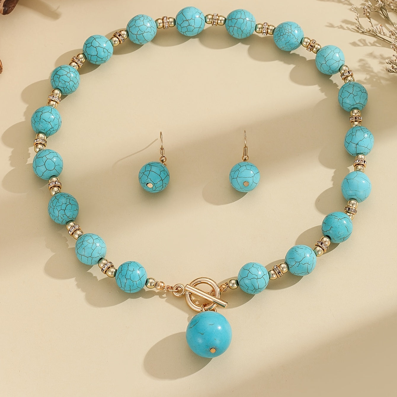 Bohemian Turquoise Beaded Gold Plated Jewelry Set Necklace Earrings for Wedding Engagement Festival