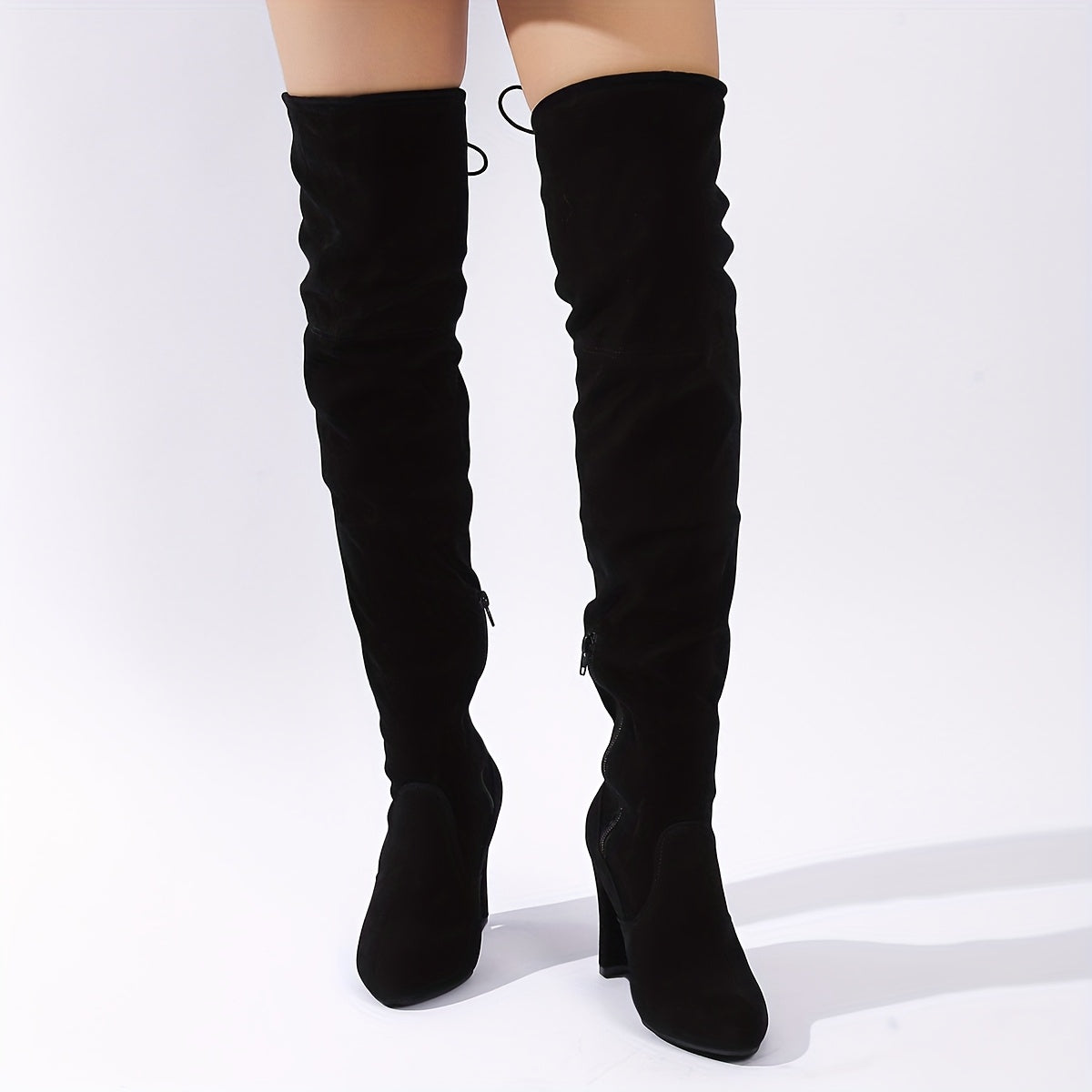 Women's Black Knee-High Boots with Side Zipper and Block Heel