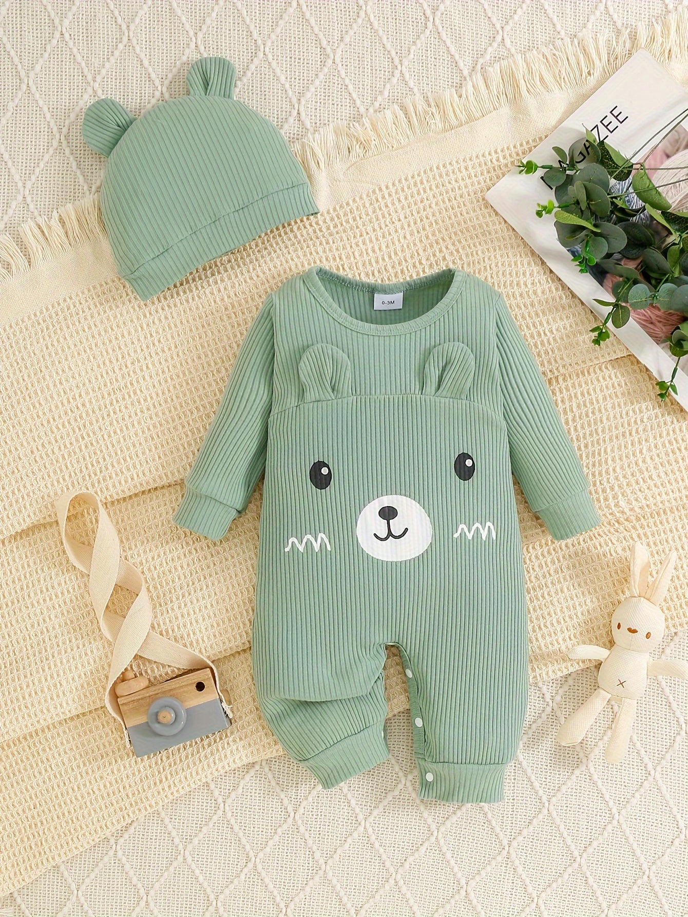 Children's Cotton Jumpsuit with 3D Bear Design and Cozy Hat for Boys