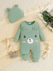 Children's Cotton Jumpsuit with 3D Bear Design and Cozy Hat for Boys