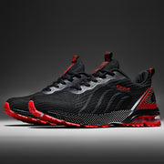 Usmonli qora va qizil erkaklar uchun plus o'lchamdagi sport yugurish poyafzallari, nafas oladigan to'qilgan yuqori qismi, mustahkam EVA/TPR tagligi va ochiq havoda, tasodifiy va yugurish faoliyatlari uchun qulay bog'ichli dizayni bilan.