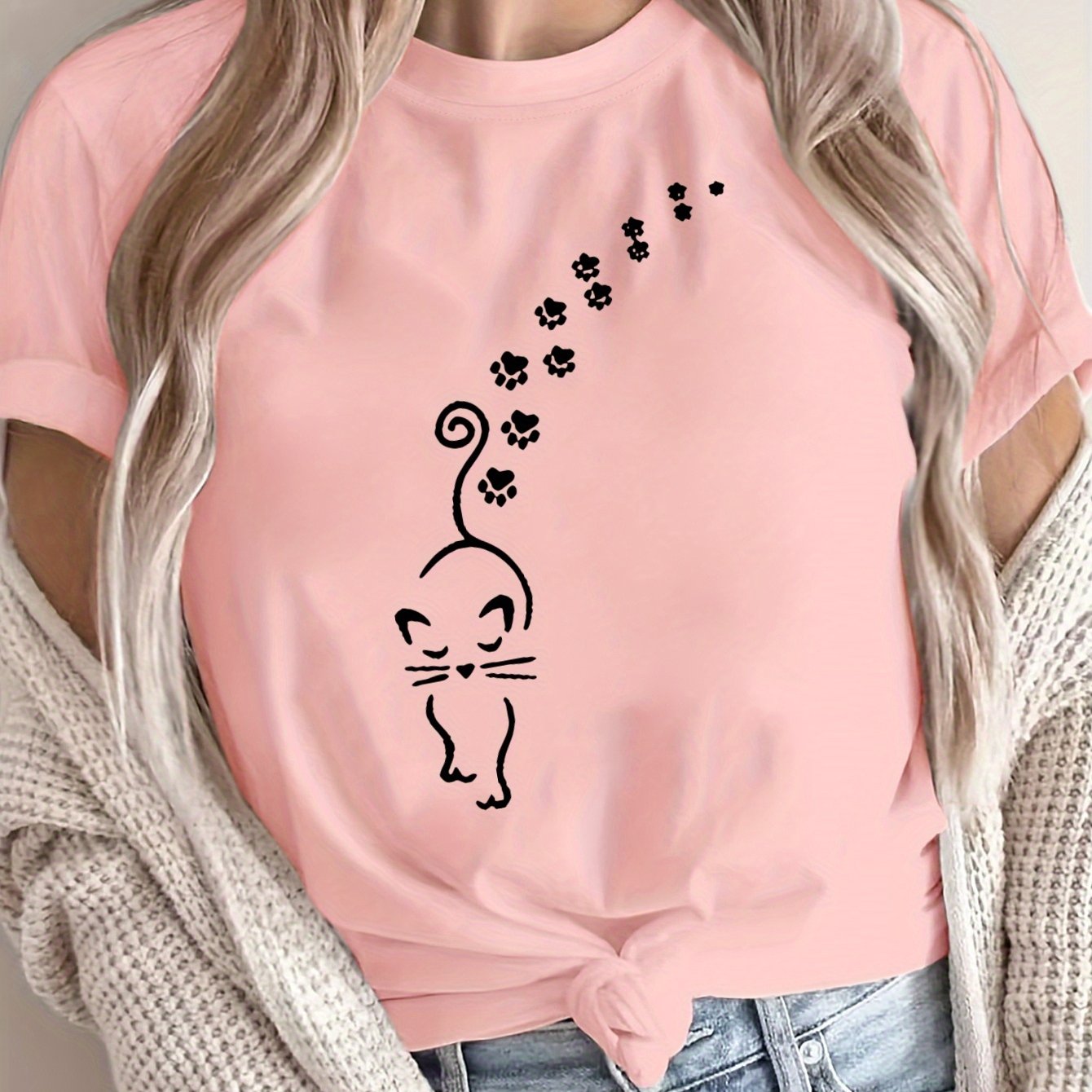 Women's Plus Size Loose Fit Cat Print T-Shirt Breathable Polyester Casual Top