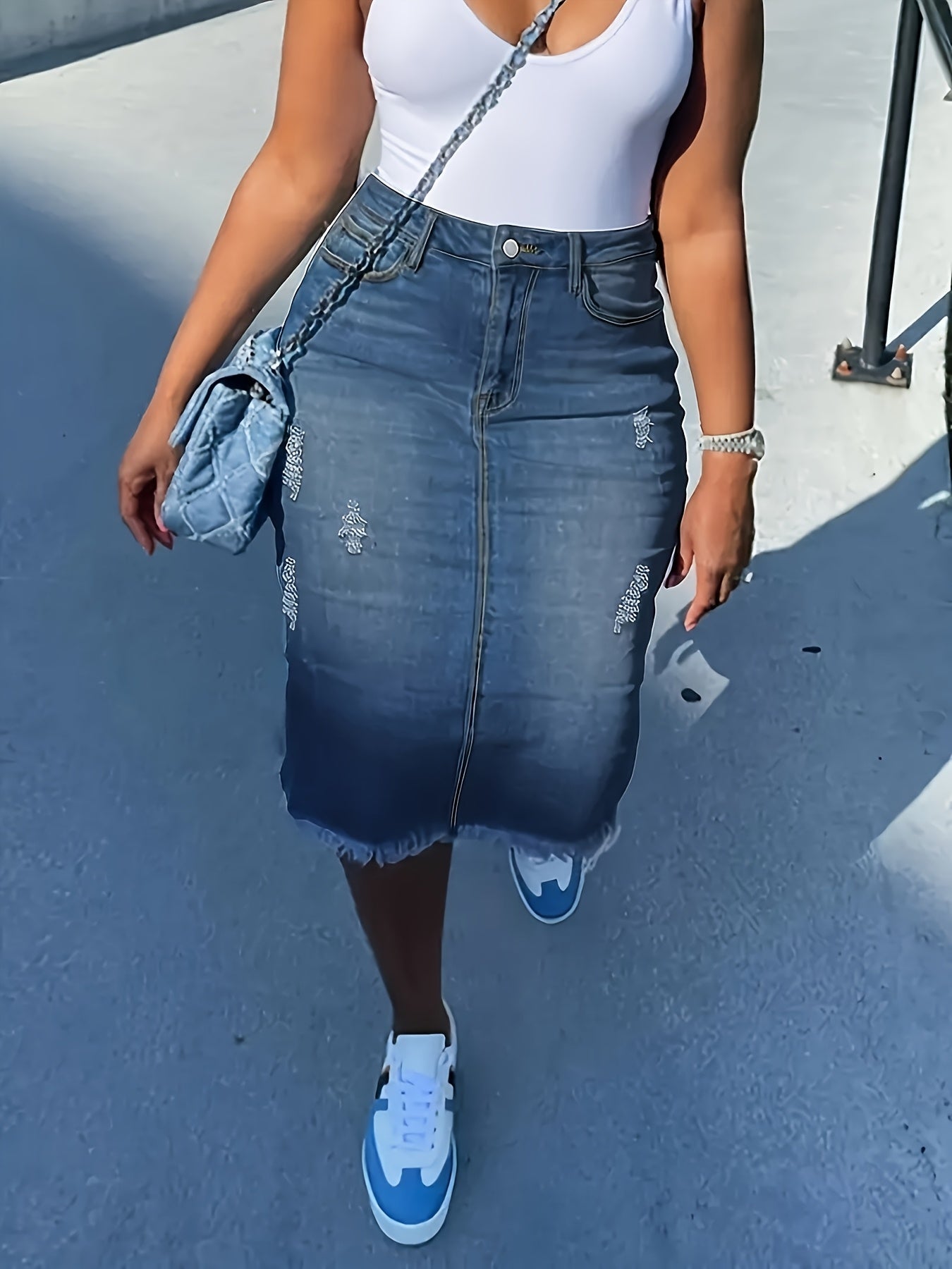 Plus Size Boho Chic Denim Midi Skirt for Women Stretchy Frayed Hem