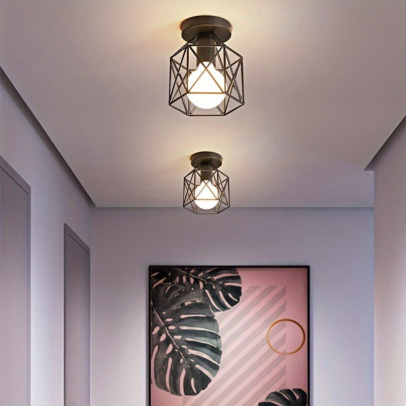 Black Iron Modern Nordic Ceiling Light with E27 Base Geometric Semi-Flush Mount for Bedroom Hallway Kitchen