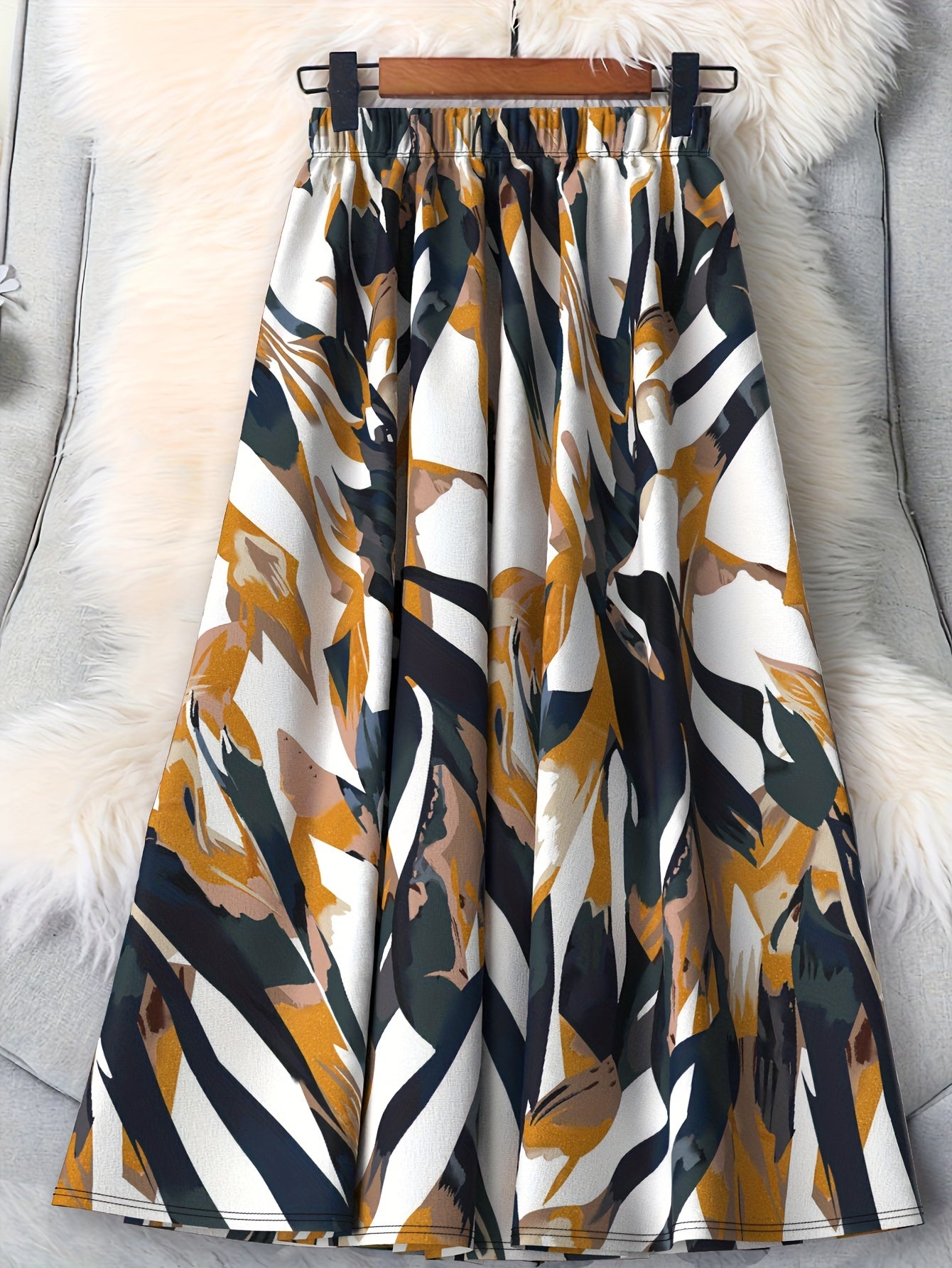 Plus Size Flared Skirt Polyester Blend Abstract Geometric Print Versatile